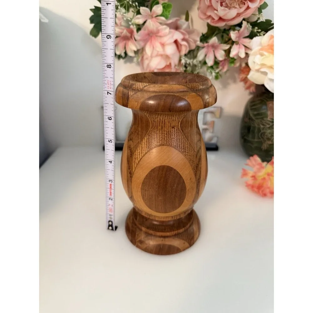 Hand Crafted Inlaid Lathe Turned Wood Vase or Candle Holder Hand Made 7.5